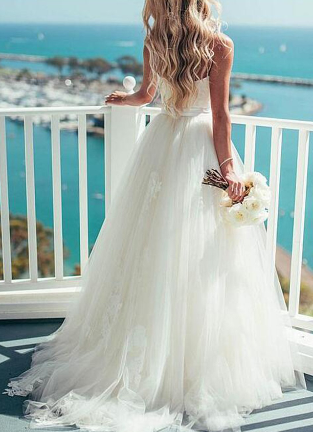 A-line/princess Sweetheart Sleeveless Sweep Train Tulle Sashes Wedding Dress