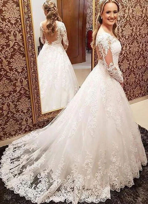 Lace Wedding Dress Ball-gown/princess Court Train With Appliqued