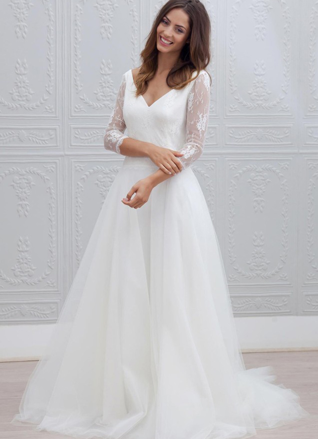 A-line V Neck 3/4 Sleeve Sweep Train Tulle Wedding Dress With Lace