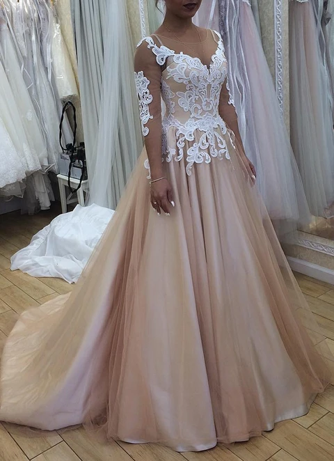 Ball-gown/princess Illusion 3/4 Sleeve Court Train Tulle Wedding Dress With Appliqued