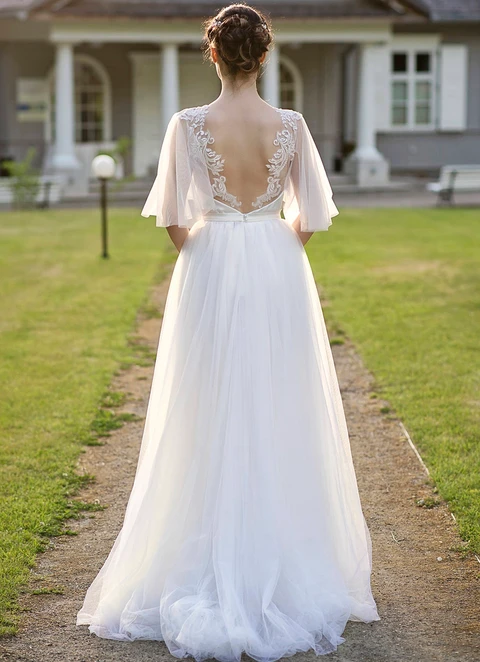 A-line Sweetheart Half Sleeve Long/floor-length Tulle Wedding Dress With Appliqued