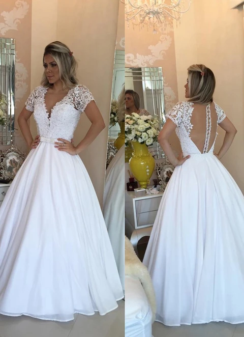 Chiffon Floor-lengthball-gown/princess Short Sleeve V-neck Covered Button Wedding Dress With Beading Lace