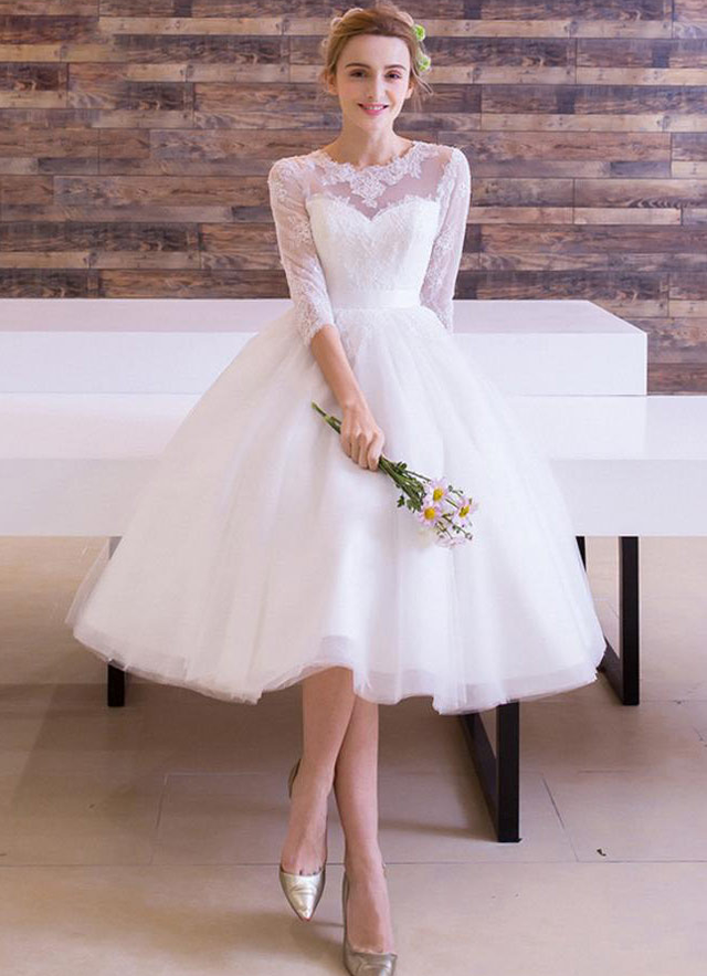 Tulle Wedding Dress Ball-gown/princess Illusion Tea-length With Lace