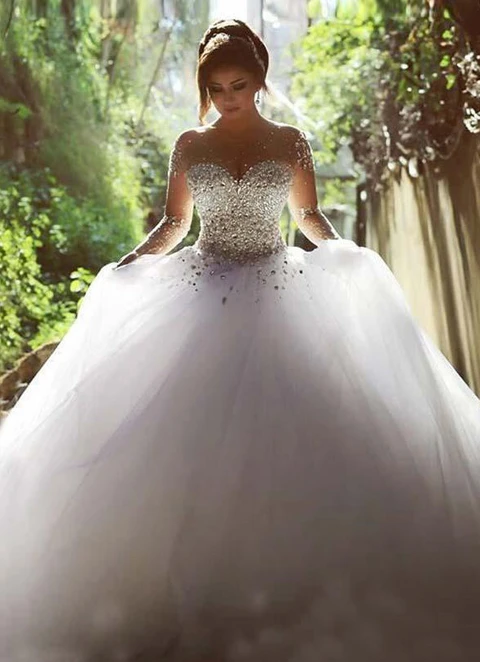 Ball-gown/princess Full/long Sleeve Scoop Neck Court Train Tulle Wedding Dresses With Beaded