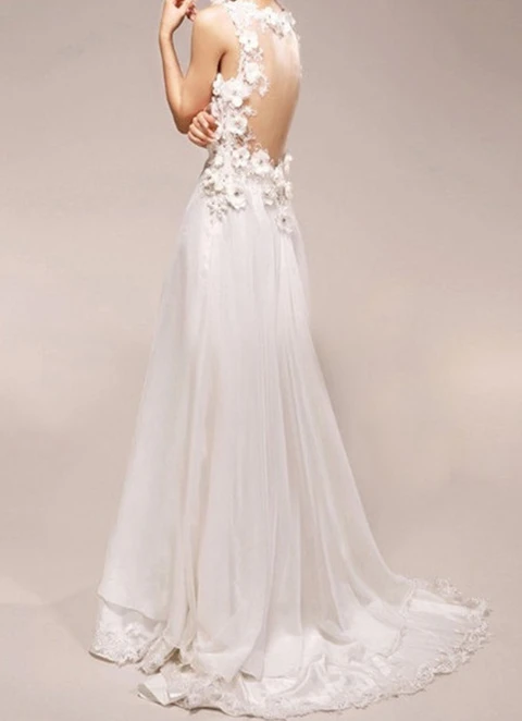 Lace Wedding Dress A-line V-neck Sweep Train With Beaded Flowers