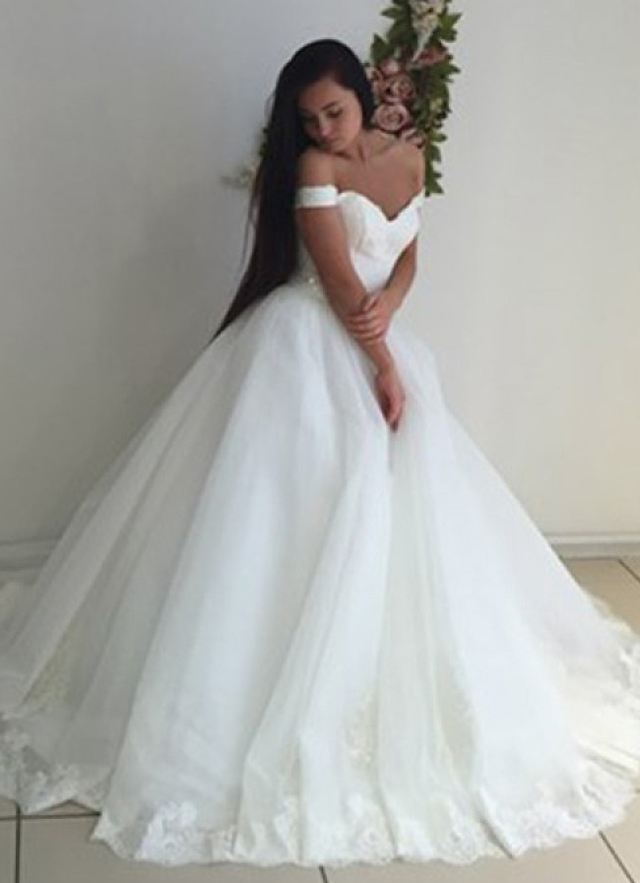 Tulle Sweep Train Ball Gown Sleeveless Off-the-shoulder Lace Up Waistband Wedding Dress