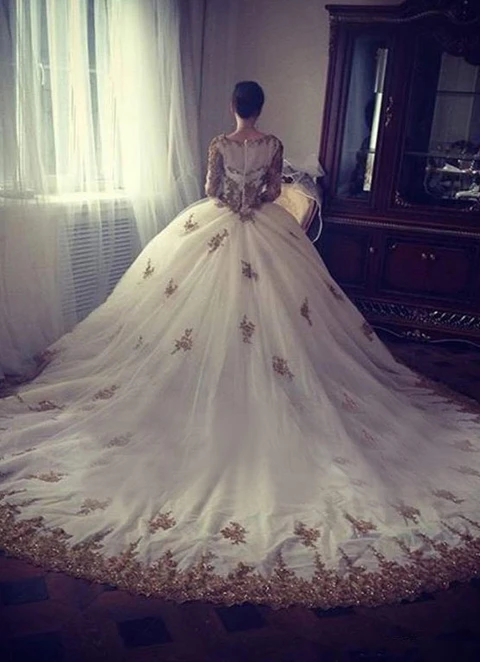 Lace Wedding Dress Ball-gown/princess Illusion Court Train With Beaded