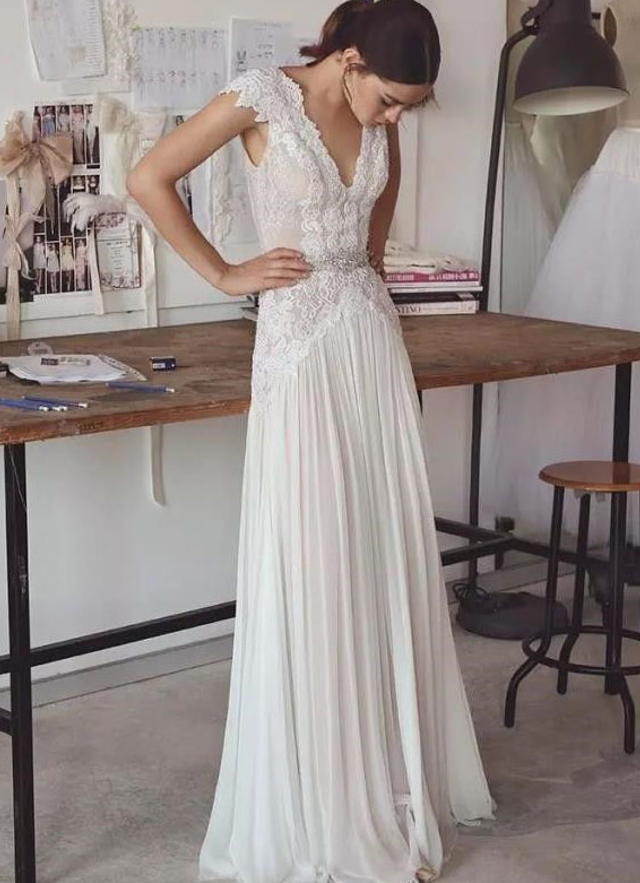 Chiffon Wedding Dress A-line V-neck Long/floor-length With Beaded Lace