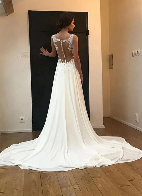 Chiffon Wedding Dress A-line Sleeveless Illusion Neck Chapel Train With Appliqued