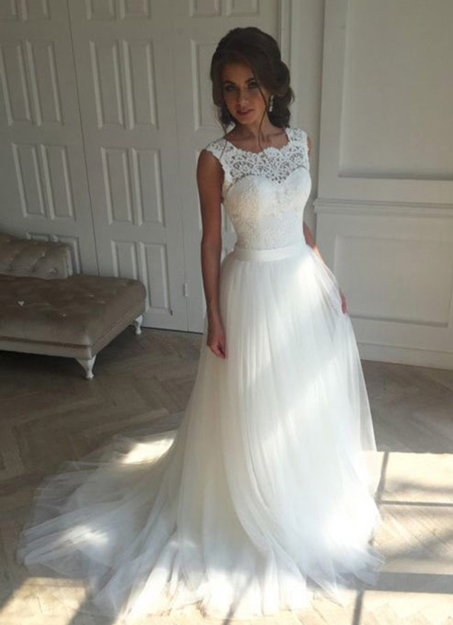 Tulle Wedding Dress Ball-gown/princess Illusion Court Train With Lace