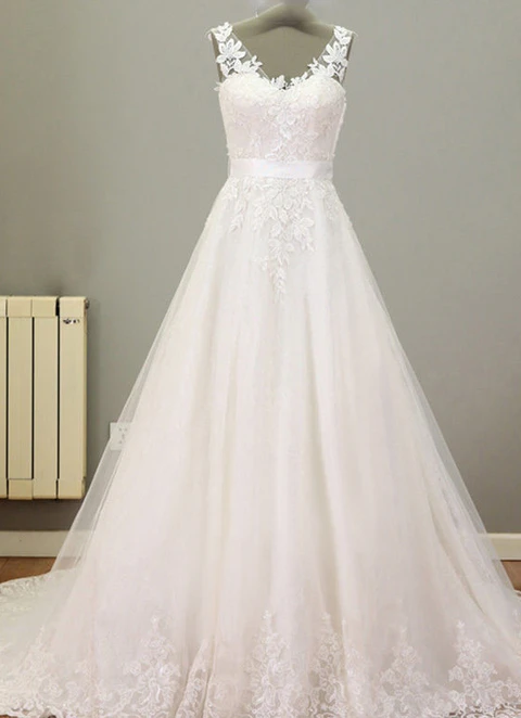 Lace Wedding Dress Ball-gown/princess V-neck Court Train With Appliqued