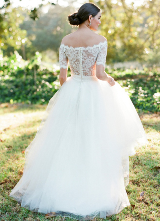 A-line/princess Short Sleeve Off-the-shoulder Long/floor-length Tulle Wedding Dress With Lace