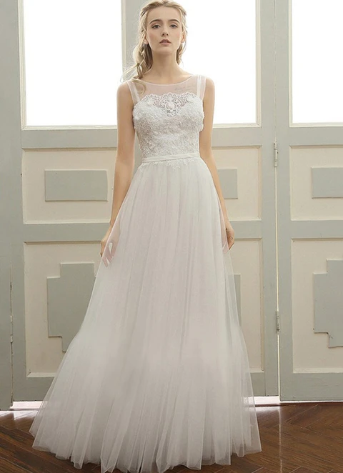 Tulle Wedding Dress A-line Illusion Long/floor-length With Lace Waistband