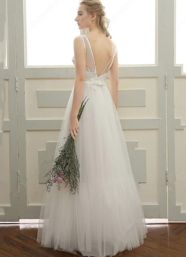 Tulle Wedding Dress A-line Illusion Long/floor-length With Lace Waistband