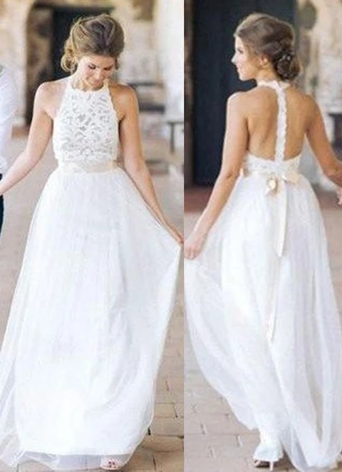 A-line/princess Halter Sleeveless Long/floor-length Tulle Wedding Dress With Lace Sashes