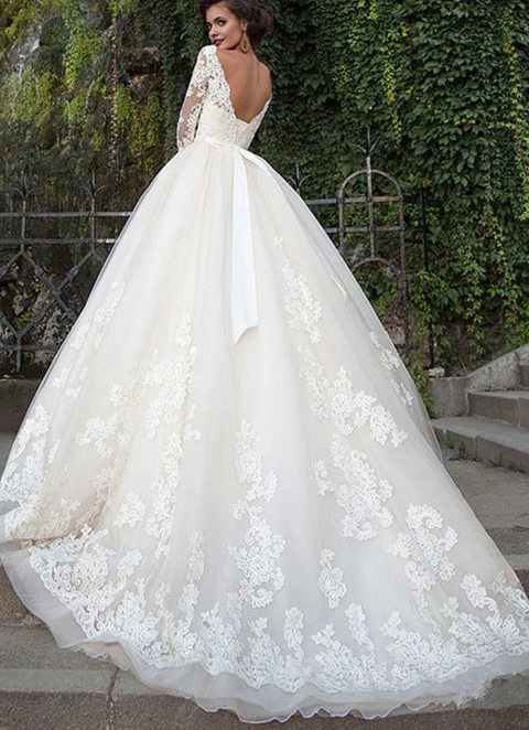 Ball Gown Off-the-shoulder V Back 3/4 Sleeve Chapel Train Tulle With Lace Sashes Wedding Dress