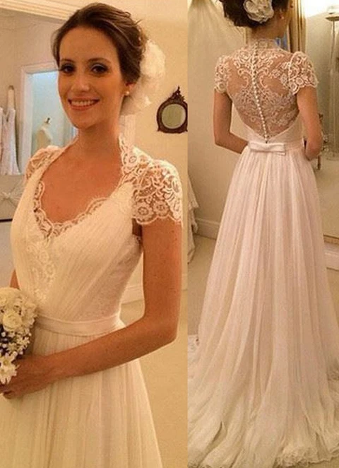 Chiffon Sweep Train A-line Short Sleeve Scalloped Neck Covered Button Wedding Dress With Appliqued