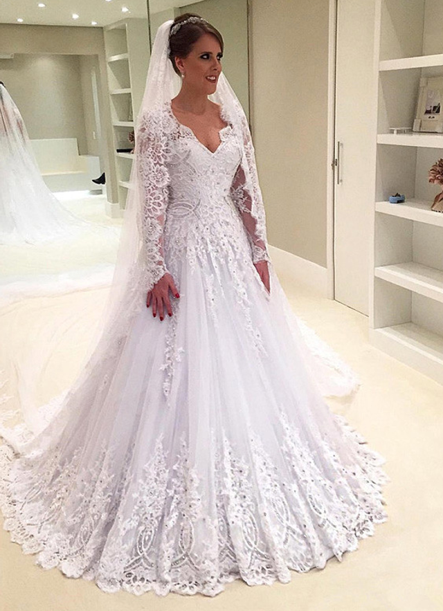 Ball-gown/princess V-neck Full/long Sleeve Court Train Tulle Wedding Dress With Appliqued Lace Rhinestone