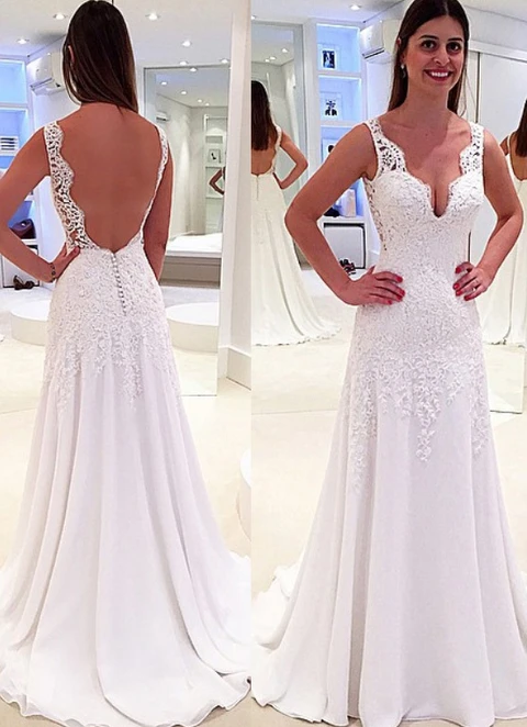 Chiffon Sweep Train A-line Sleeveless V-neck Covered Button Wedding Dress With Appliqued