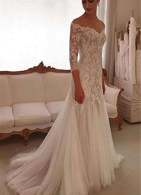 Tulle Sweep Train Sheath/column 3/4 Sleeve Off-the-shoulder Covered Button Appliqued Wedding Dress