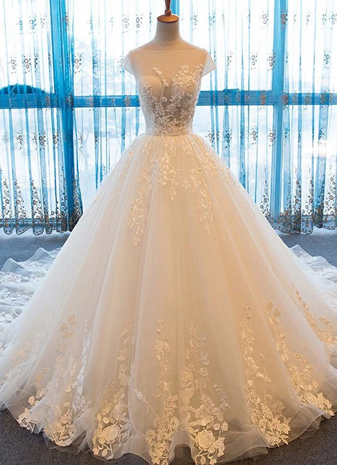 Lace Wedding Dress Ball-gown/princess Illusion Court Train With Beaded