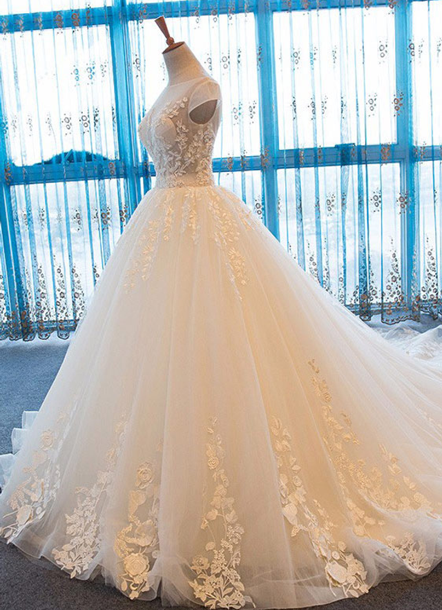 Lace Wedding Dress Ball-gown/princess Illusion Court Train With Beaded