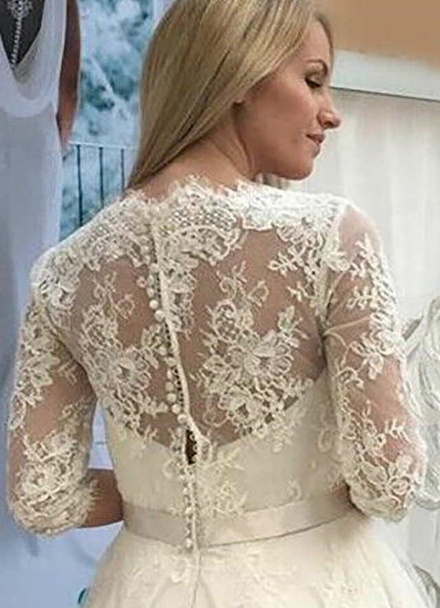 A-line V Neck 3/4 Sleeve Tulle Lace Tea-length Waistband Flower Wedding Dress