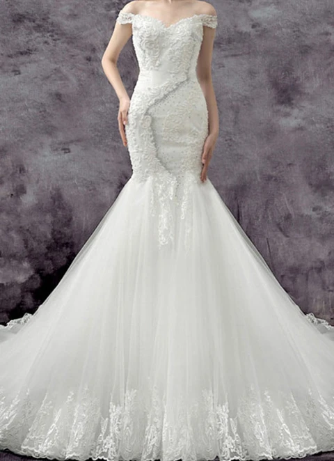 Lace Wedding Dress Trumpet/mermaid Off-the-shoulder Chapel Train With Beaded