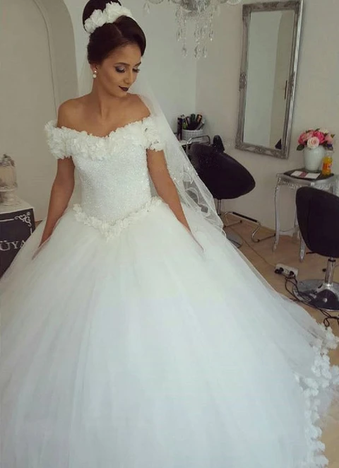 Tulle Wedding Dress Ball-gown/princess Off-the-shoulder Long/floor-length With Beaded