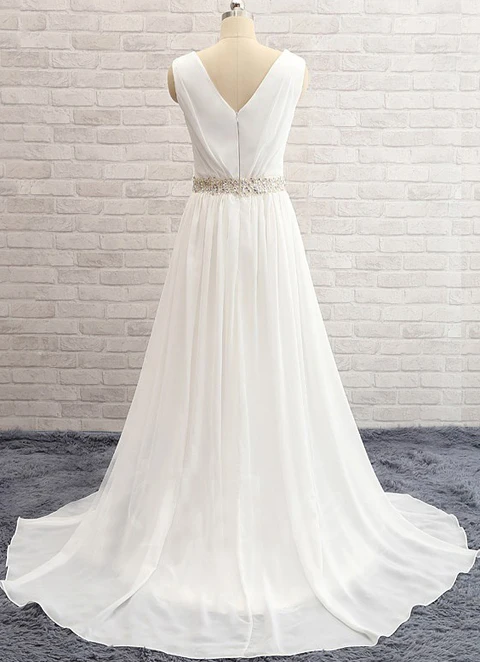 A-line V Neck Sleeveless Sweep Train Chiffon Wedding Dress With Lace Waistband Split