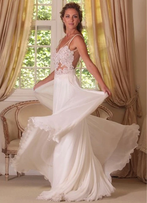 Chiffon Wedding Dress A-line V-neck Sweep Train With Lace