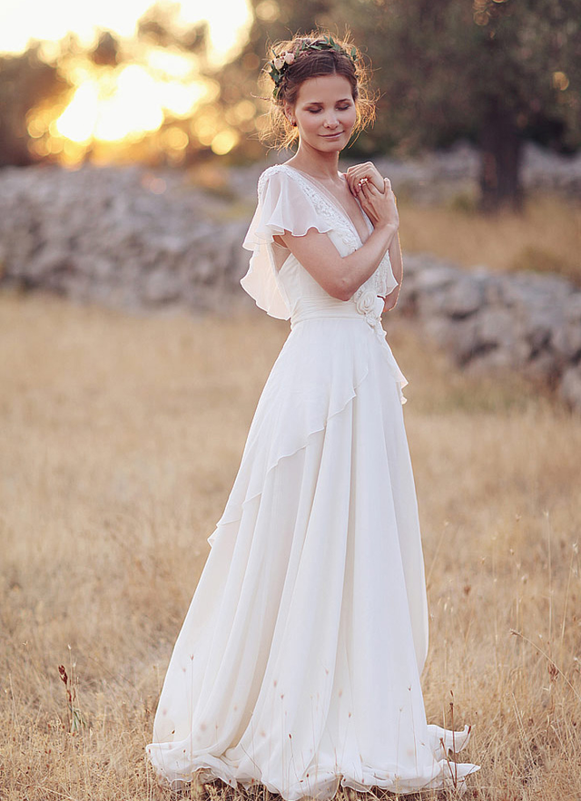 Chiffon Wedding Dress A-line V-neck Long/floor-length With Lace