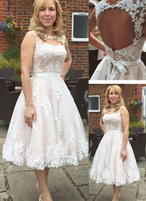 Lace Wedding Dress Ball-gown/princess Illusion Tea-length With Sashes