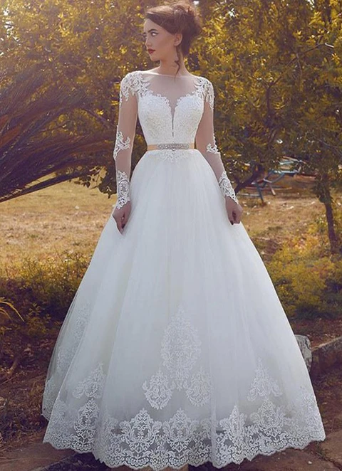 A-line/princess Bateau Full/long Sleeve Long/floor-length Tulle Appliqued Waistband Wedding Dress