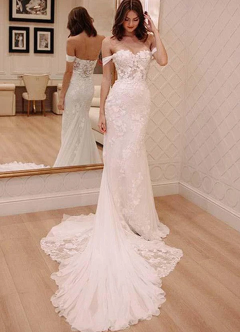 Sheath/column Sleeveless Off-the-shoulder Chapel Train Chiffon Wedding Dress With Lace