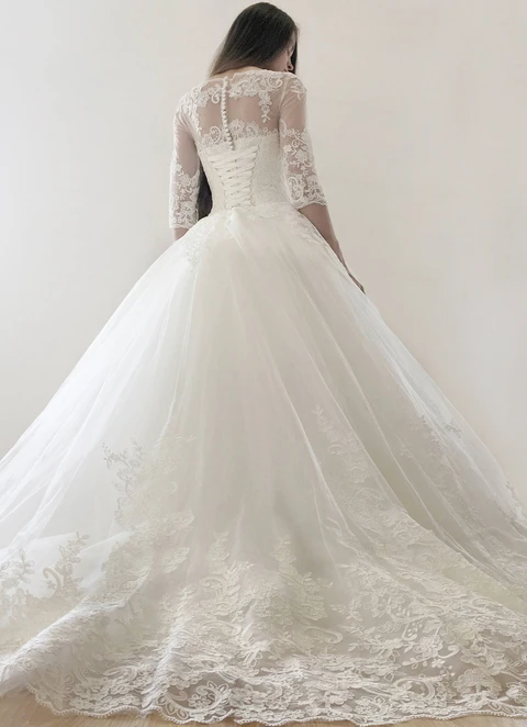 Ball Gown Illusion Half Sleeve Court Train Tulle Wedding Dress With Appliqued Lace