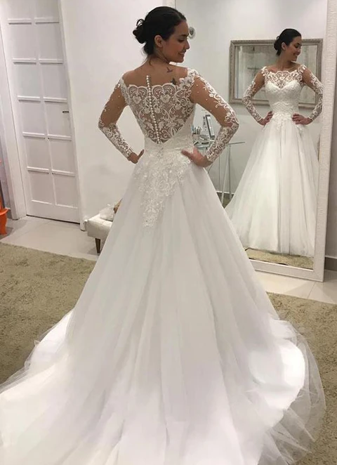 Ball-gown/princess Illusion Full/long Sleeve Court Train Tulle Wedding Dress With Lace