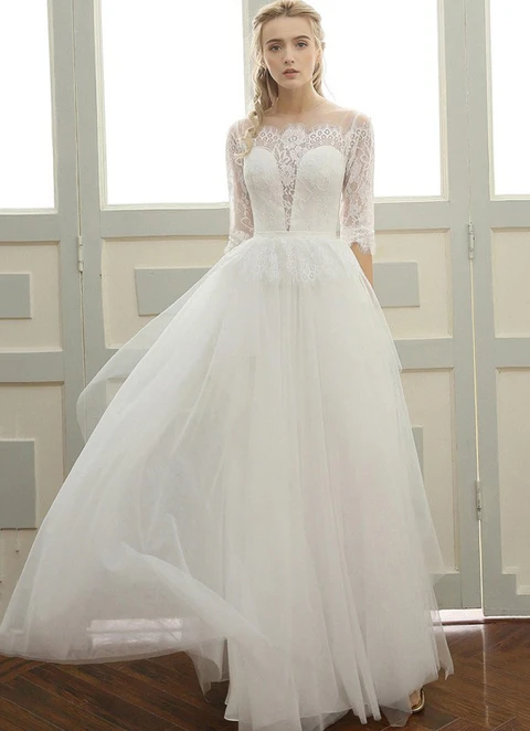 Tulle Wedding Dress A-line/princess Illusion Long/floor-length With Lace