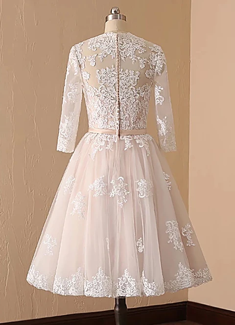 A-line V Neck Full/long Sleeve Lace Tulle Tea-length Waistband Wedding Dress