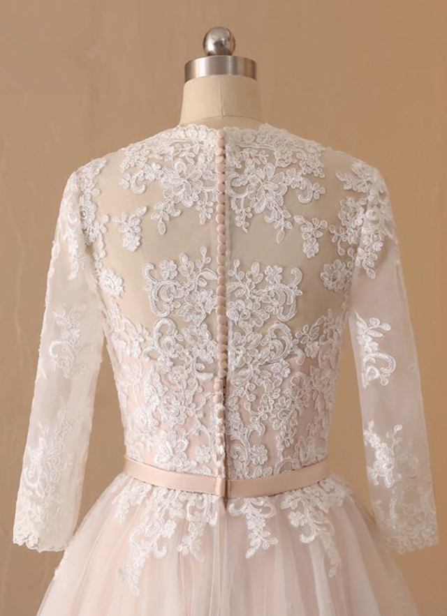 A-line V Neck Full/long Sleeve Lace Tulle Tea-length Waistband Wedding Dress