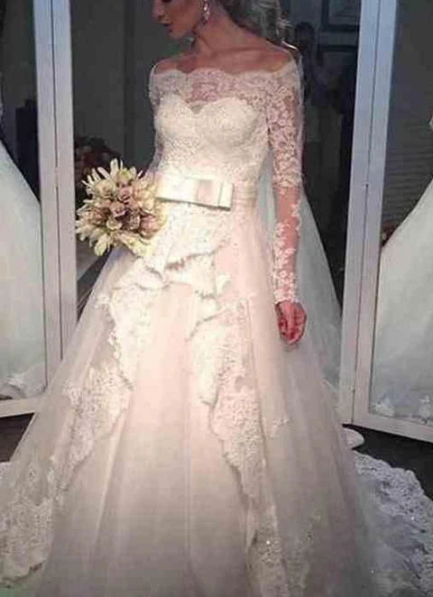 Tulle Sweep Train Ball-gown/princess Full/long Sleeve Off-the-shoulder Zipper Wedding Dress With Appliqued Waistband