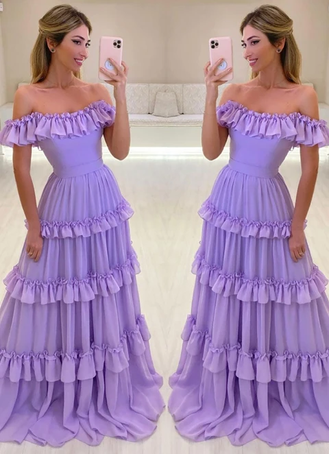 A-line Off-the-shoulder Sleeveless Chiffon Long/floor-length Dresses With Ruffles