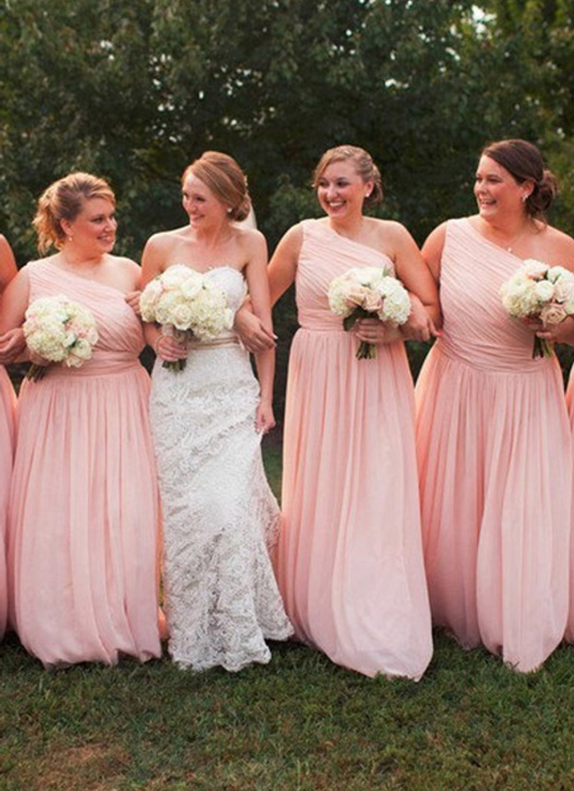 A-line One-shoulder Long/floor-length Chiffon Bridesmaid Dresses With Pleated