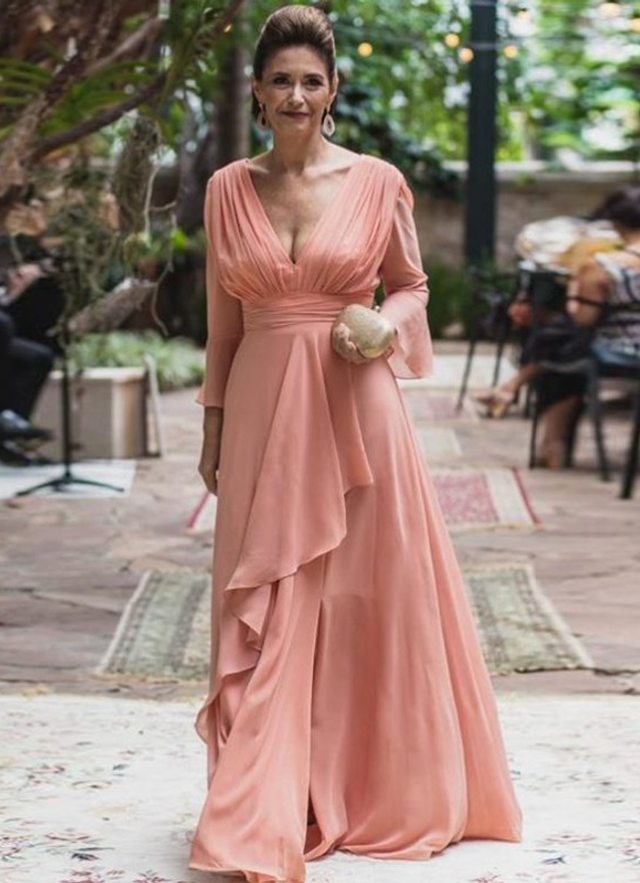 A-line Chiffon V-neck Long Sleeves Floor-length Mother Of The Bride Dresses With Ruffles