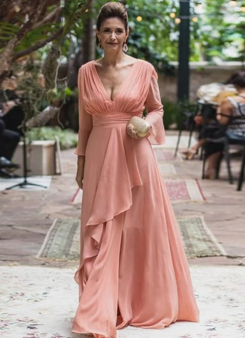 A-line Chiffon V-neck Long Sleeves Floor-length Mother Of The Bride Dresses With Ruffles