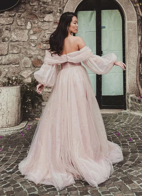 Princess Off-the-shoulder Sweep Train Tulle Prom Dress With Pleated