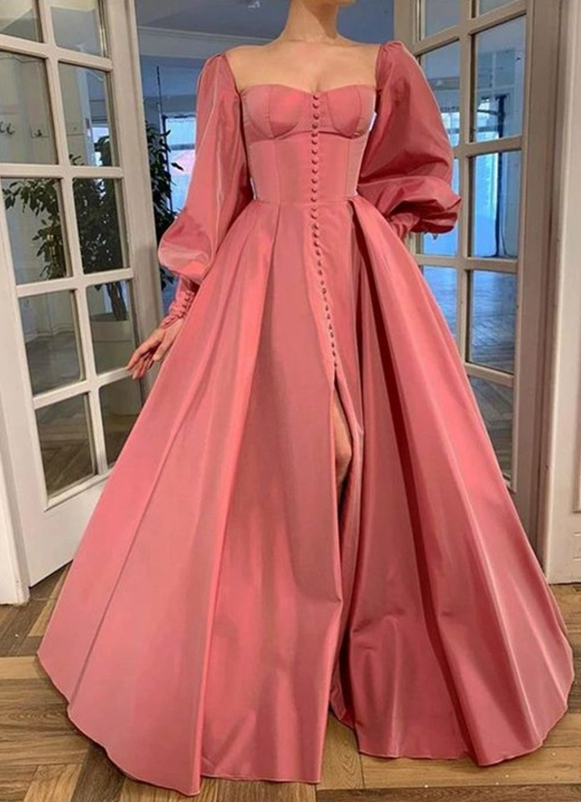 A-line/princess Long Sleeves Square Ruffles Satin Floor-length Dresses