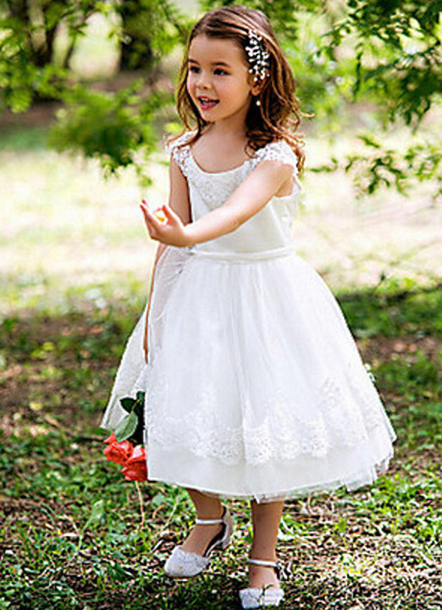 Ball-gown/princess Scoop Tea-length Tulle Flower Girl Dresses With Sashes