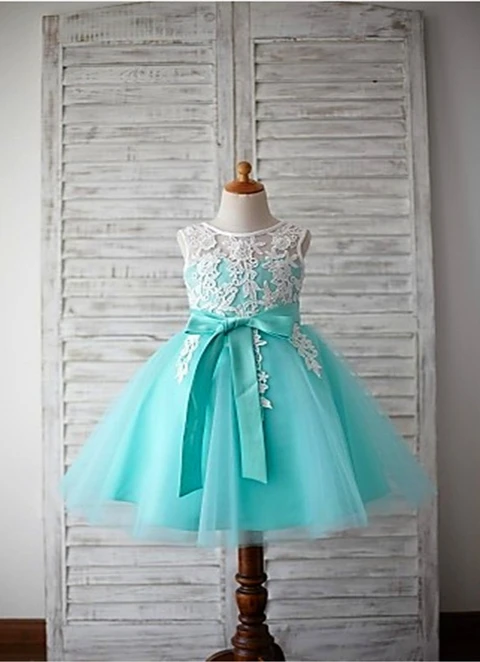 Ball-gown/princess Scoop Sleeveless Bowknot Knee-length Tulle Flower Girl Dresses