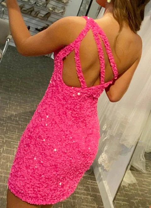 Sheath/column One-shoulder Sleeveless Sequined Short/mini Dresses